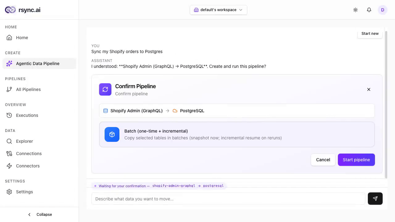 rsync.ai agent confirming a Shopify to PostgreSQL pipeline from a plain-English request