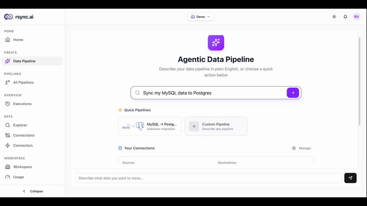 rsync.ai agent building a MySQL to PostgreSQL pipeline from a plain-English request