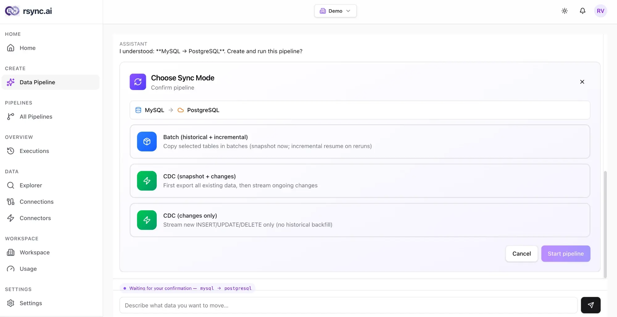 rsync.ai Pipeline Creation — Describe it. Approve it. Done.