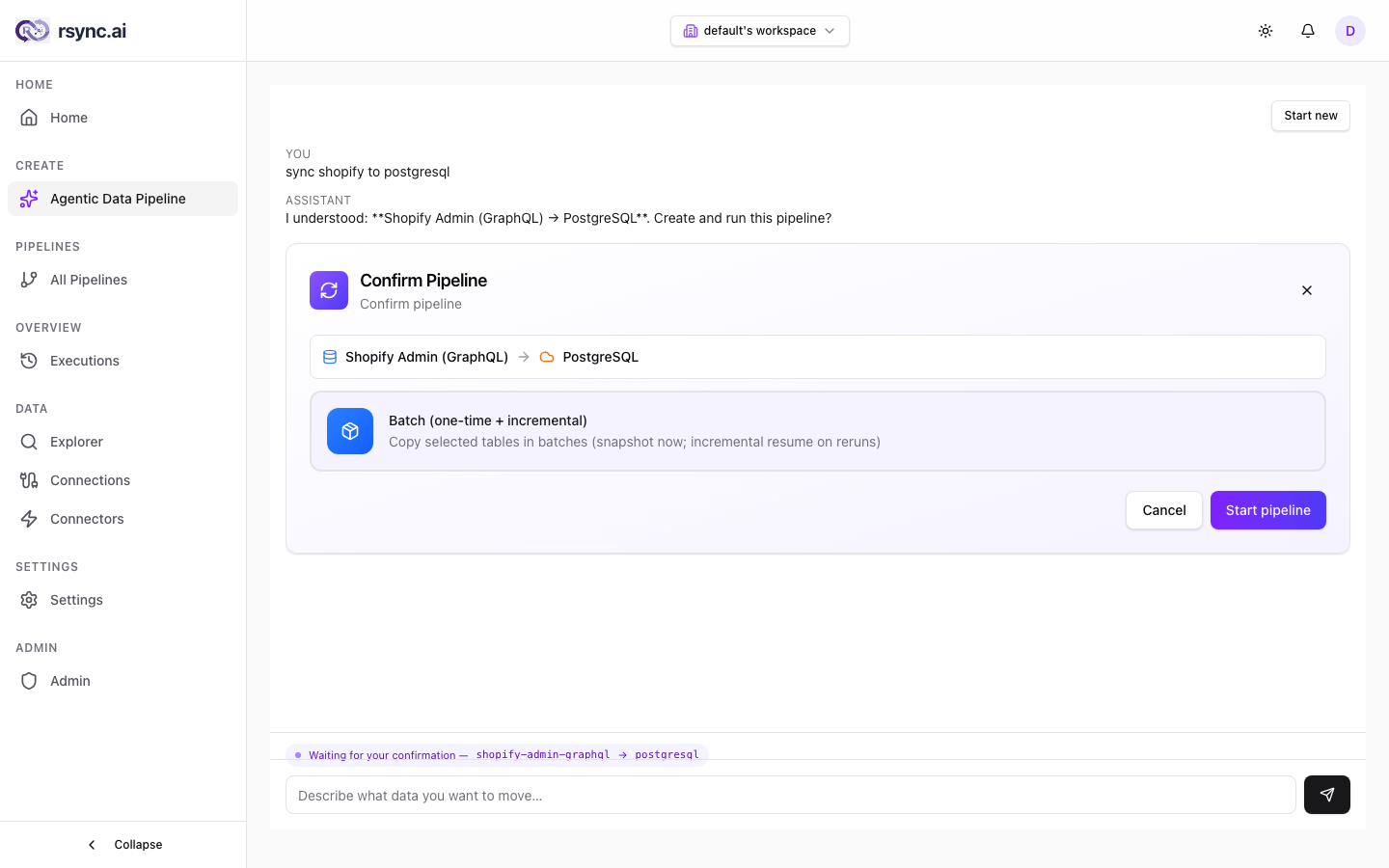 rsync.ai Pipeline Creation — Describe it. Approve it. Done.